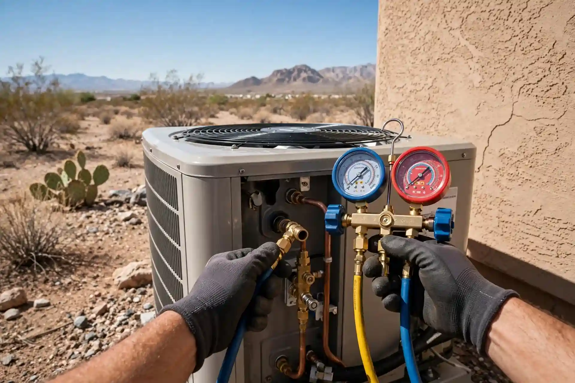 AC repair technician servicing an outdoor condenser unit in El Paso, TX