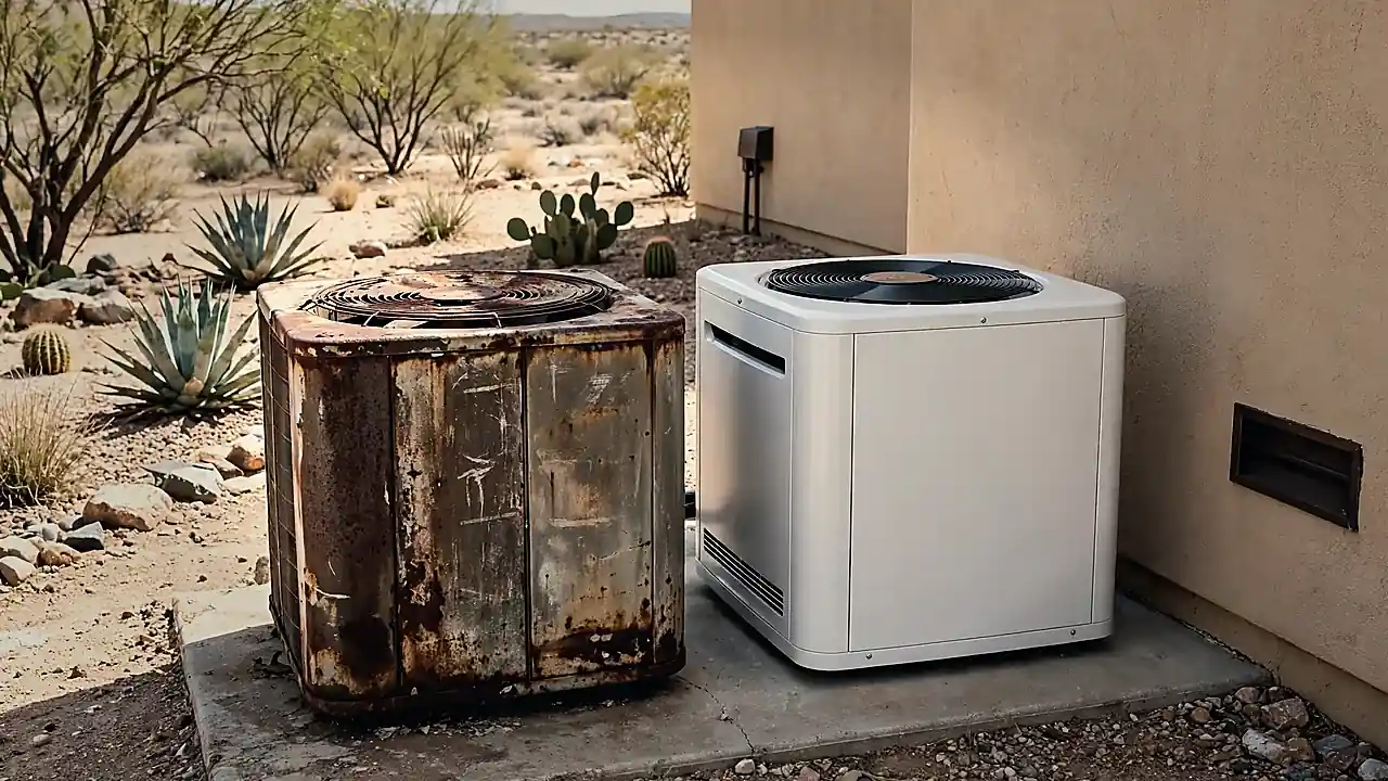 New outdoor AC condenser unit being installed at an El Paso home