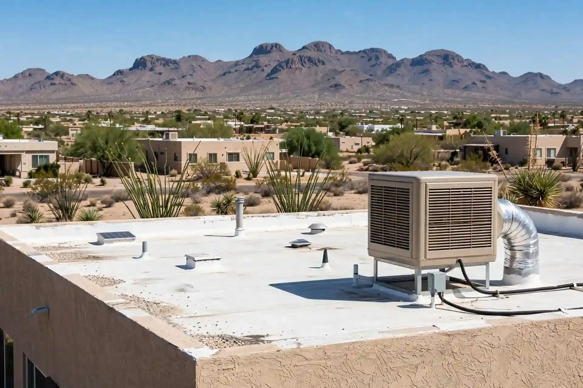 Technician repairing a rooftop evaporative swamp cooler in El Paso, TX