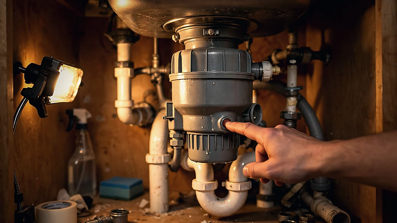 Garbage disposal unit under a kitchen sink being inspected in an El Paso home
