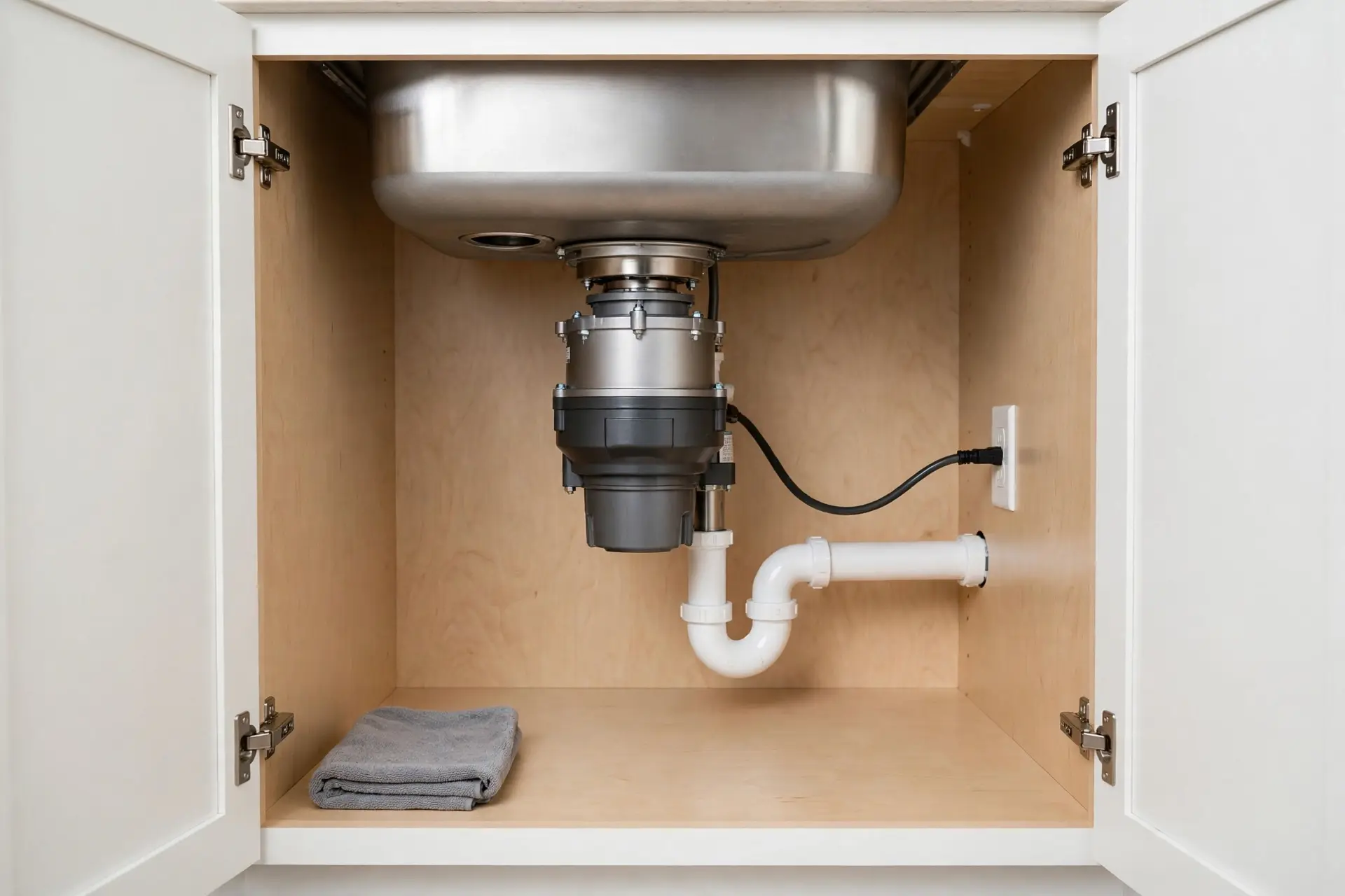 Plumber repairing a garbage disposal under a kitchen sink in El Paso, TX