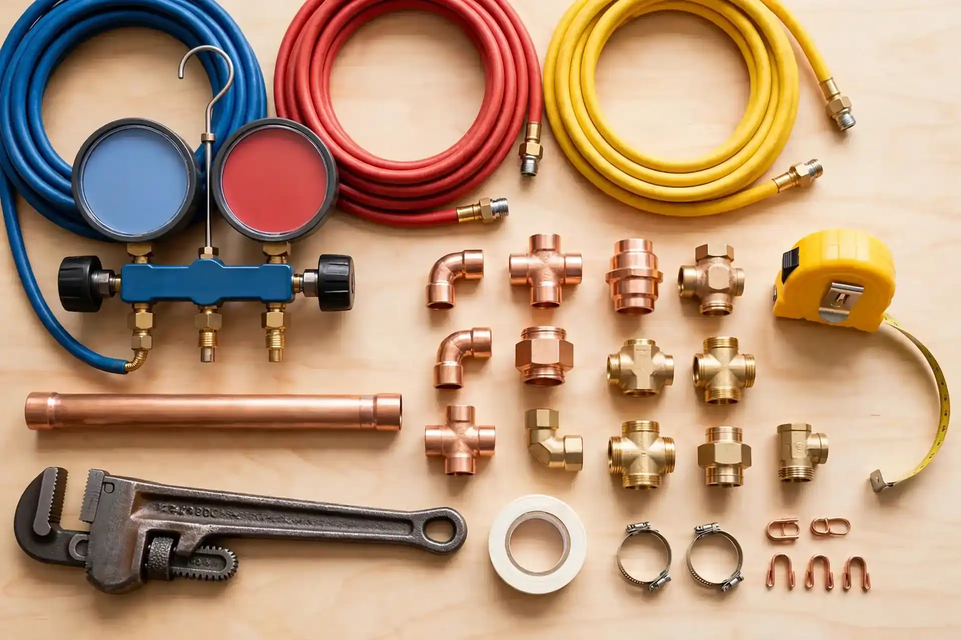 Plumbing fittings, tools, and HVAC service gauges arranged for home service work
