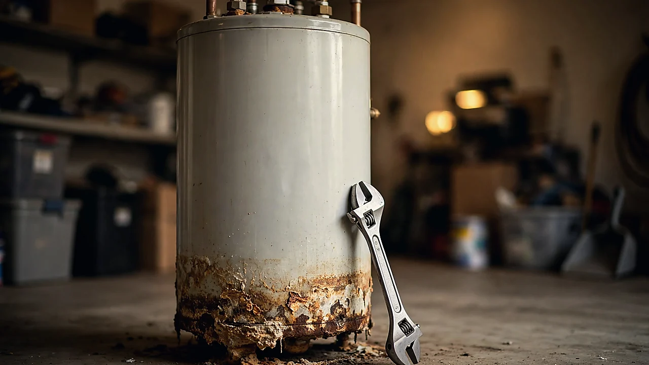 Technician inspecting a residential water heater tank in an El Paso garage