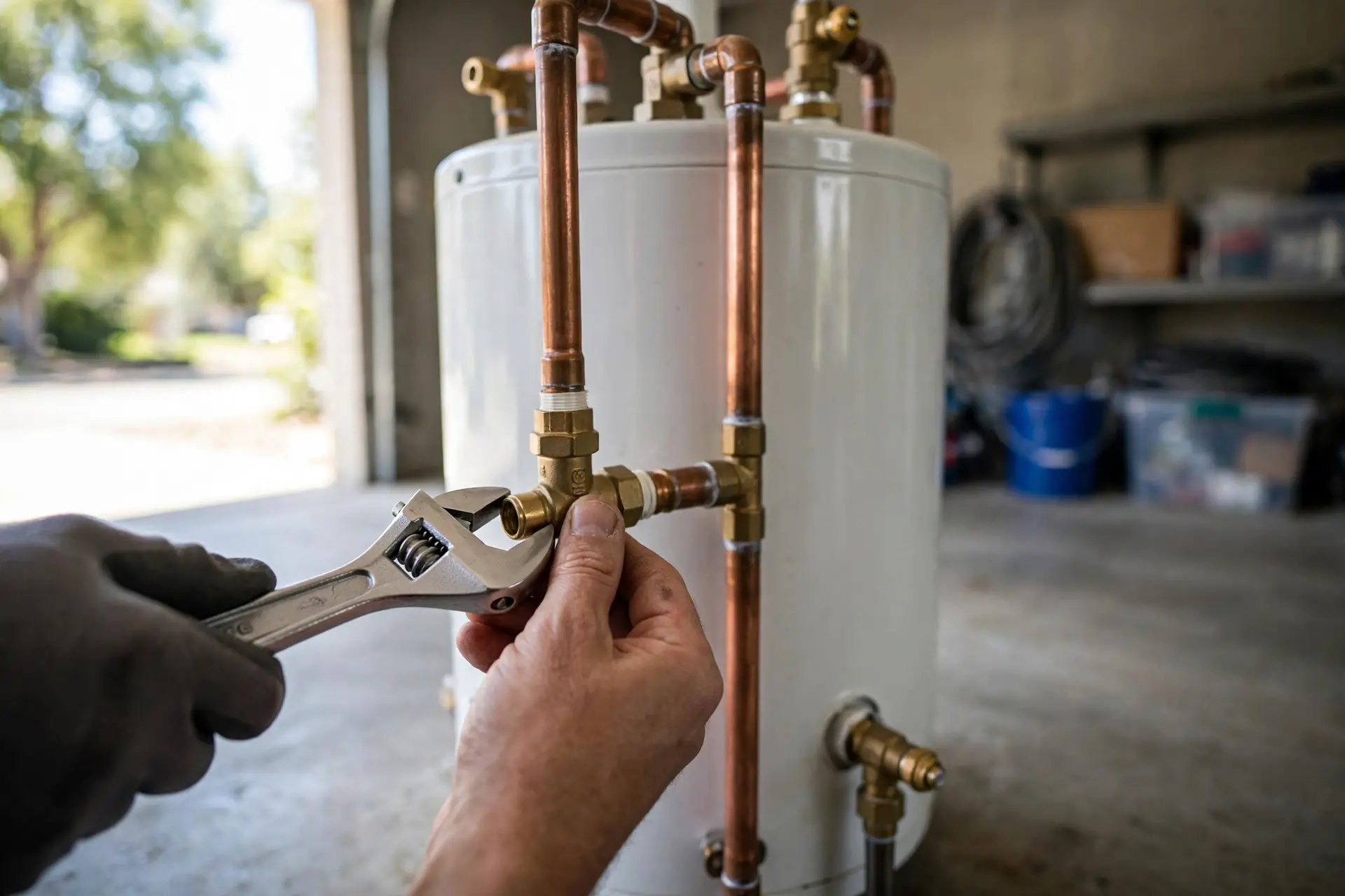 Technician repairing a water heater in El Paso, TX